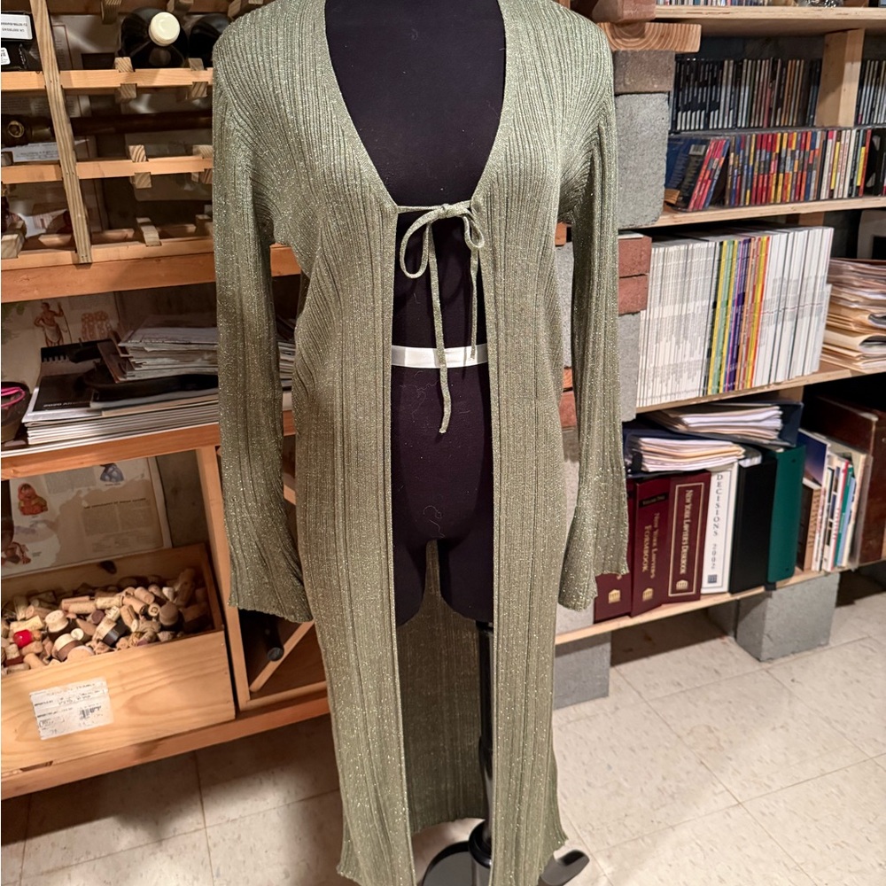 Anthropologie Metallic Ribbed Duster Cardigan Green Tie Front Longline Sweater S